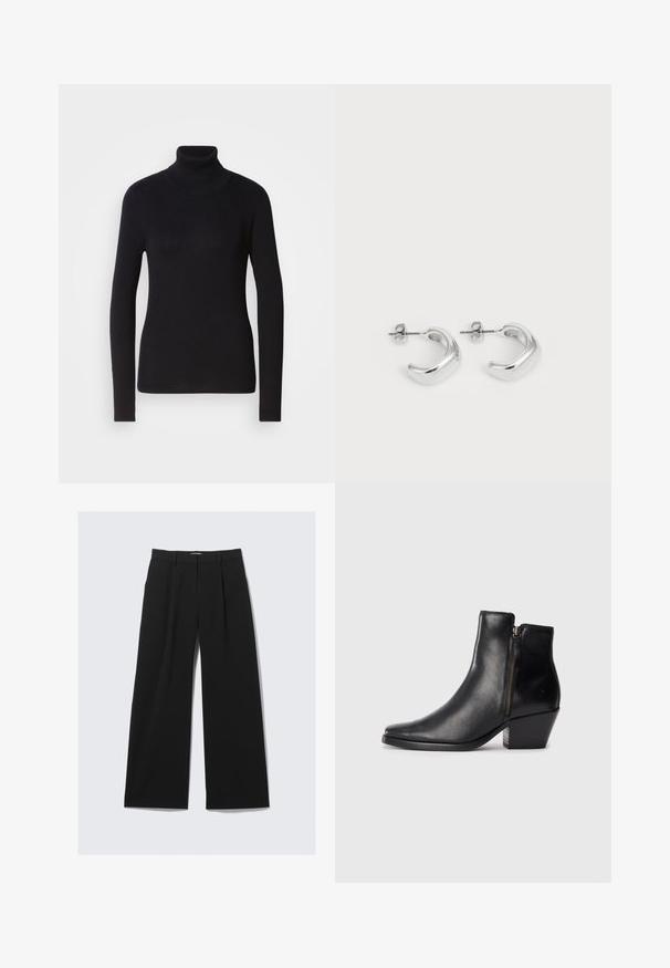 Črna rebrasta puloverja s turtleneck ovratnikom in dolgimi rokavi. Narejen iz pletenega materiala s slim fit obliko. Gladka tekstura in visok ovratnik.; Črne široke hlače z zankami za pas, sprednjimi gubami in skrito sprednjo zaponko, prikazane na beli podlagi.; Črne usnjene gležnjarji s podolgovatim nosom, stranskim zadrgo in debelim peto. Gladka tekstura in minimalistična zasnova.; Srebrni uhani v obliki obroča z gladko, polirano površino. Okrogla oblika s nekoliko ukrivljenim dizajnom in spojem robov. Zaponka za zaklepanje.