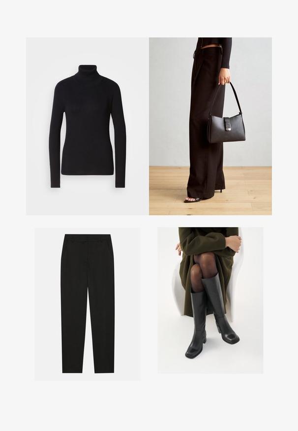 Fekete bordás garbós pulóver hosszú ujjal. Kötött anyagból készült, slim fit szabással. Sima tapintás és magas nyak részlet.; Fekete nadrág testreszabott kialakítással, oldalsó zsebekkel és egyenes lábbal. Simább, könnyű szövetből készült, elegáns felülettel.; Térdfelett érő fekete bőr csizmák négyzet alakú orral és tömbtalppal, olajzöld kabátban ülő modellel bemutatva. Simaság, minimalista részletezés.; Fekete kézi táska strukturált formával, sima textúrával és fémből készült záródással. Széles fekete nadrággal és nyitott orrú szandállal párosítva, fából készült padlón.