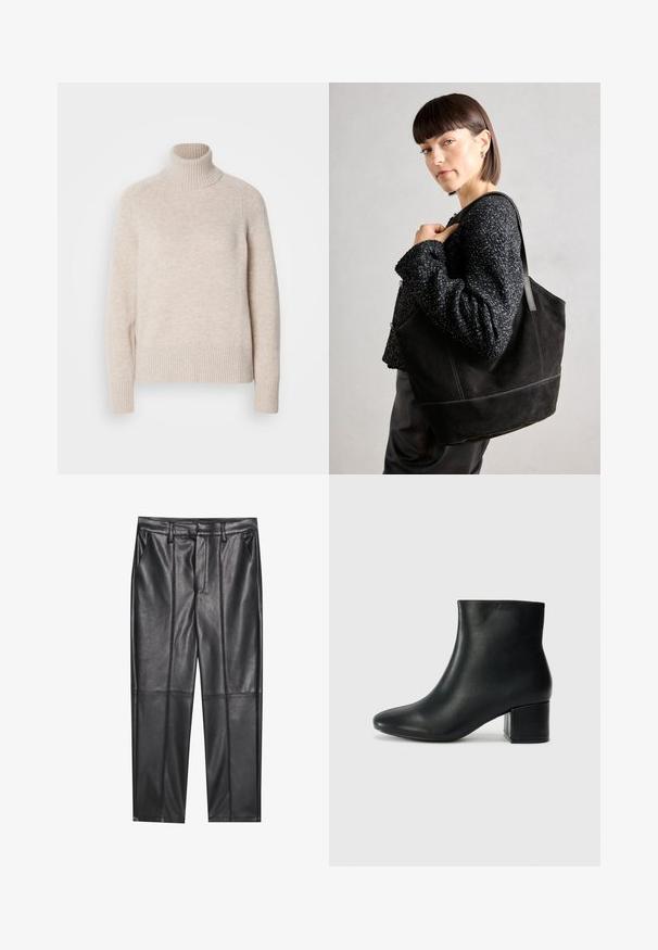 Lys beige høyhalset genser med ribbestrikket krage og bunnkant, laget av mykt strikket stoff, med lange ermer og en avslappet passform.; Sorte lærbukser med en glat tekstur, der har en lige pasform, to forlommer og synlige sømdetaljer.; Sorte skinn ankelsko med spiss tå og chunky hæl. Glatt tekstur med minimale detaljer og et elegant, tettsittende design.; Svart semsket tote-veske med en jevn tekstur, strukturert form og kontrasterende sømmer. Har lange stropper for skulderbæring.