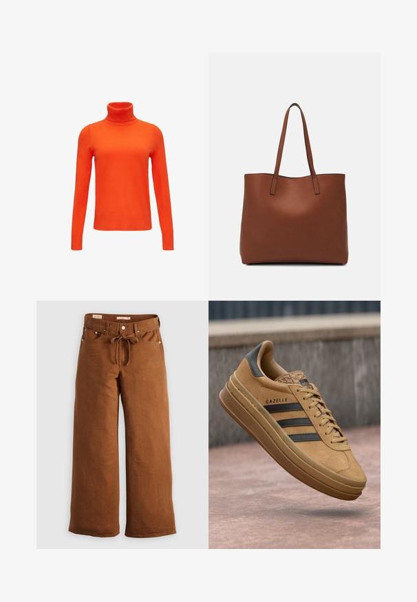 Pomarańczowy sweter z golfem, wykonany z miękkiego, gładkiego materiału dzianinowego. Posiada długie rękawy oraz dopasowany krój z prążkowanymi akcentami przy kołnierzu i hemie.; Szerokie brązowe spodnie wykonane z trwałego materiału, z elastycznym pasem ze sznurkiem, przednimi kieszeniami i srebrnymi akcentami.; Beżowe zamszowe sneakersy o gładkiej fakturze, z trzema ciemnymi paskami, zaokrąglonym noskiem i grubszą podeszwą z wzorzystym wykończeniem.; Brązowa skórzana torba tote o gładkiej fakturze, z otwartym wierzchem i dwoma ramiączkami. Charakteryzuje się minimalnym przeszyciem i brakiem widocznych elementów metalowych.