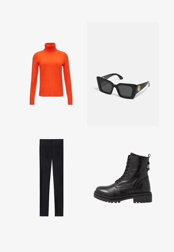 Oranger Rollkragenpullover aus weichem, glattem Strickmaterial. Verfügt über lange Ärmel und eine taillierte Silhouette mit gerippten Akzenten am Kragen und Saum.; Schwarze Leggings aus dehnbarem Material; mit glatter Textur, ganzlänglichem Design und elastischem Bund ohne sichtbare Nähte.; Schwarze Leder-Stiefelette mit runder Zehenpartie, Schnürung vorne und strukturiertem Gummi-Sohle. Verfügt über eine Zuglasche hinten und verstärkte Nähte.; Schwarze quadratische Sonnenbrille mit dunklen Gläsern und glänzenden schwarzen Bügeln. Verfügt über einen goldenen kreisförmigen Hardware-Akzent an der Seite. Insgesamt glatte Textur.