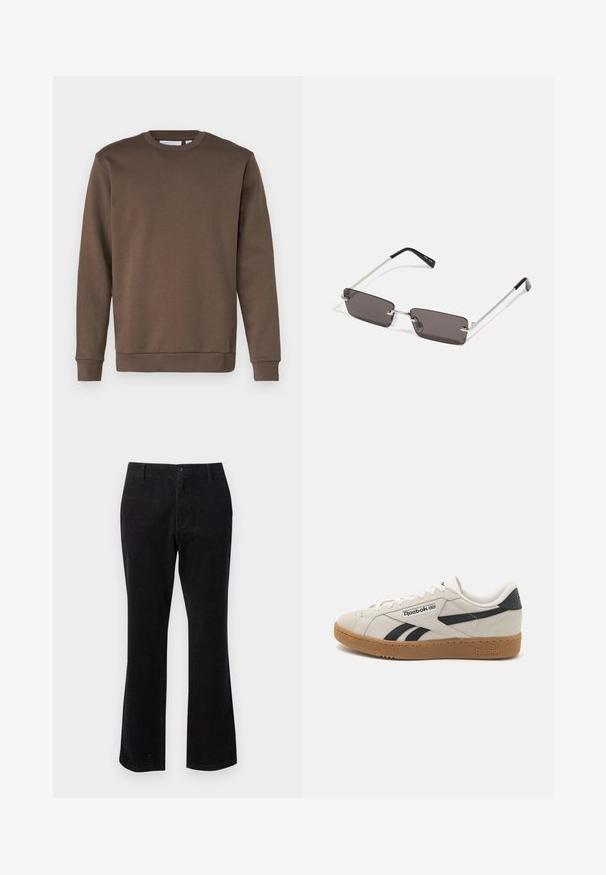 Only & Sons ONSCERES CREW NECK NOOS - Ikdienas džemperis - major brown; Melni korduroja bikses ar paplatinātu apakšdaļu, ar priekšējo pogu aizdari un standarta kabatām lietderībai. Gluda tekstūra ar vertikālām ribām.; Reebok sporta apavi beidžā zamšā ar melniem akcentiem. Iezīmes gumijas zole, tradicionāla saistīšana un mīkstināta apkakle komfortam.; Saulesbrilles ar taisnstūra formas, tumši pelēkiem stikliem, sudraba metāla rāmjiem un melnām plastikāta galviņām uz kājiņām. Viegls dizains ar deguna spilventiņiem.