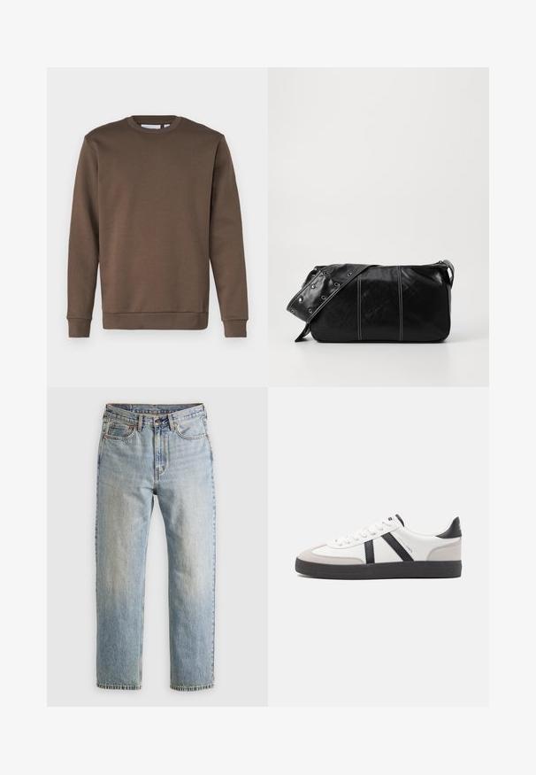 Only & Sons ONSCERES CREW NECK - Felpa - major brown; Jeans in denim azzurro chiaro con vita alta, bottone anteriore, cerniera e design a cinque tasche, adagiati su uno sfondo neutro.; Sneaker bianco con accenti neri e grigi, dotata di una punta grigia testurizzata, suola in gomma nera e lacci bianchi piatti. Design pulito, stile minimalista.; Borsa a spalla in pelle nera con chiusura a zip, caratterizzata da un corpo testurizzato, cuciture bianche e una tracolla con occhielli in argento.