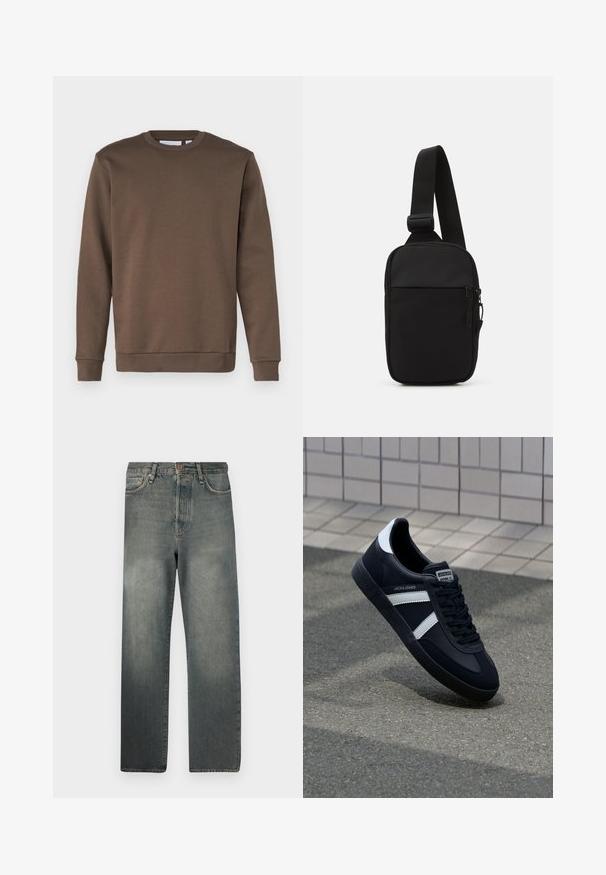 Only & Sons ONSCERES CREW NECK - Mikina - major brown; Jack & Jones JJIALEX JJCOOPER - Džínsy baggy - black denim; Čierne kožené tenisky s bielymi pruhmi, textúrovanou gumovou podrážkou a šnurovaním vpredu. Obsahujú označenie značky na jazyku.; Čierna crossbody taška vyrobená z odolnej tkaniny, s jedným nastaviteľným popruhom, so zipsom na hlavnej priehradke a prednou kapsou.