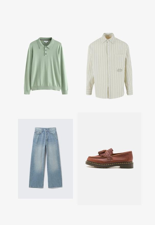 Svetlozeleno dolg rokav polo pulover iz mehkega materiala. Ima ovratnik in zapenjanje na tri gumbe. Krojene manšete in rob.; Svetlo zelena in bela črtasta srajca z gumbi spredaj, žepom na prsih in izšitim logotipom na levi strani. Iz bombažnega materiala, dolgi rokavi.; Svetlo modri široki jeans iz denima z bledim pranjem, petimi žepi in kovinskimi zakovicami; raven silhuet s čistim robom.; Rjavi usnjeni mokasin s dodatki v obliki resic, teksturirana površina in kontrastne rumene šive ob črnem gumenem podplatu. Stranska perspektiva.