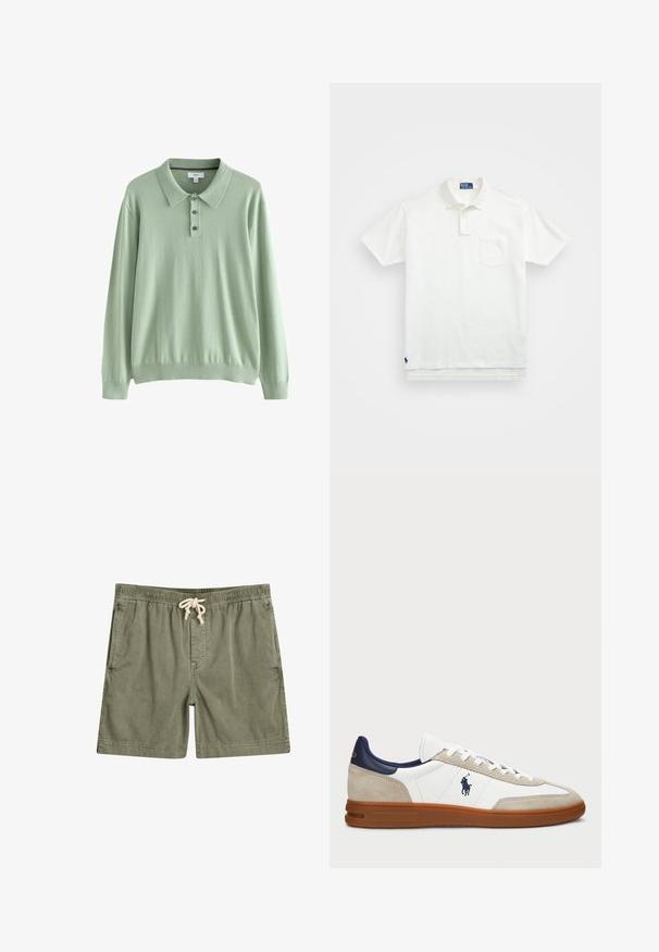 Hellgrüner Langarm-Polo-Pullover aus weichem Material. Mit Kragen und Drei-Knopf-Leiste. Gerippte Bündchen und Saum.; Weißes Poloshirt aus Baumwolle, mit klassischem Kragen, Drei-Knopf-Leiste und einer linken Brusttasche; kleines Logo am Saum.; Olivgrüne Shorts aus weichem Gewebe mit einem elastischen Bund und Kordelzug, zwei Seitentaschen und einem lockeren Schnitt.; Weiße und beige Sneakers mit Obermaterial aus Wildleder und Leder, marineblauen Akzenten und einer braunen Gummisohle. Verfügt über ein Logo an der Seite und ein Schnürdesign.