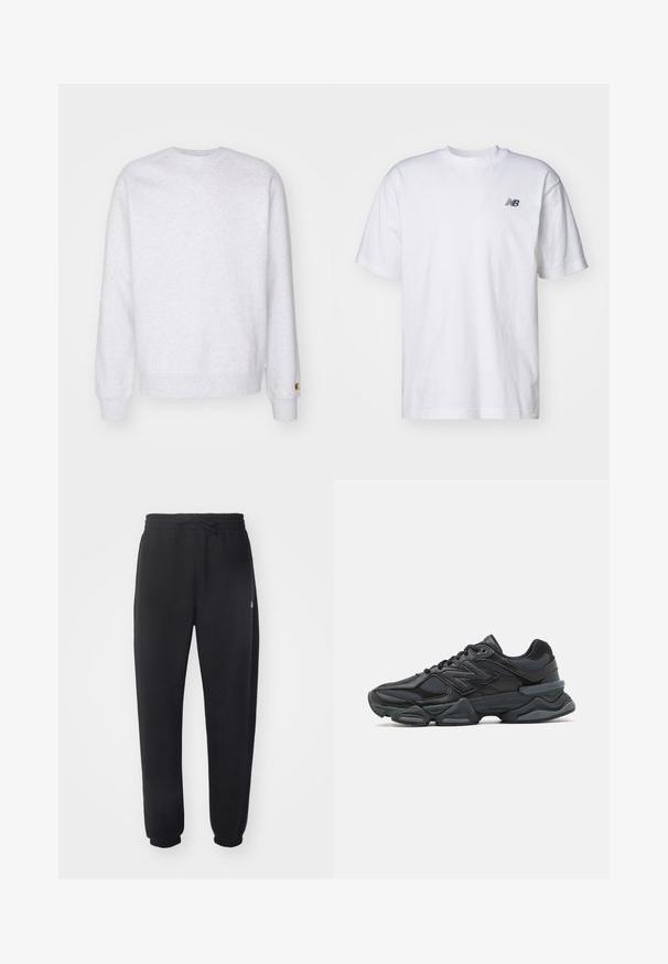 Light grey sweatshirt featuring a crew neckline, long sleeves, ribbed cuffs, and a small logo patch near the hem. Made of soft fabric.; White short-sleeve crew neck T-shirt with small black New Balance logo on left chest against a plain background.; Black sweatpants made of soft material with an elastic waistband, drawstring, and tapered cuffs, featuring a subtle logo on the side.; Black running shoe featuring a mix of mesh and synthetic materials, chunky sole, curved design, and prominent branding on the side.