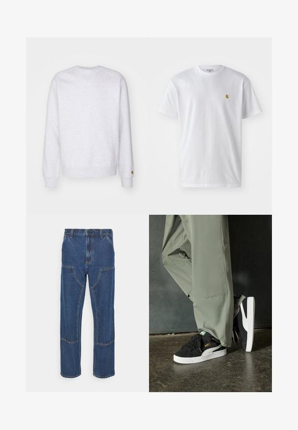 Lichtgrijze sweatshirt met een ronde hals, lange mouwen, geribbelde manchetten en een klein logo-label nabij de zoom. Gemaakt van zachte stof.; Witte katoenen t-shirt met korte mouwen en ronde hals, voorzien van een klein gouden logo op de linkerkant van de borst. Zachte textuur en een normale pasvorm.; Blauwe spijkerbroek met een rechte pijp, voorzakken en contrasterende stiksels. De stof heeft een klassieke textuur en afwerking.; Zwarte suède sneakers met witte rubberen zolen en zijstrepen, gecombineerd met lichtgroene cargobroeken, staande op een gestructureerd donker oppervlak.