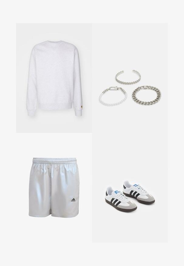Lichtgrijze sweatshirt met een ronde hals, lange mouwen, geribbelde manchetten en een klein logo-label nabij de zoom. Gemaakt van zachte stof.; adidas Originals SUPERNOVA - Shorts - halo silver; Sportschoenen met een witte leren bovenkant, grijze suède neus en drie zwarte strepen. Bevat een blauw logo op de tong en een gestructureerde rubberen zool.; Drie armbanden: een zilveren cuff met zigzag randen, een witte en zilveren kralenarmband, en een stevige metalen kettingarmband met een sluiting.