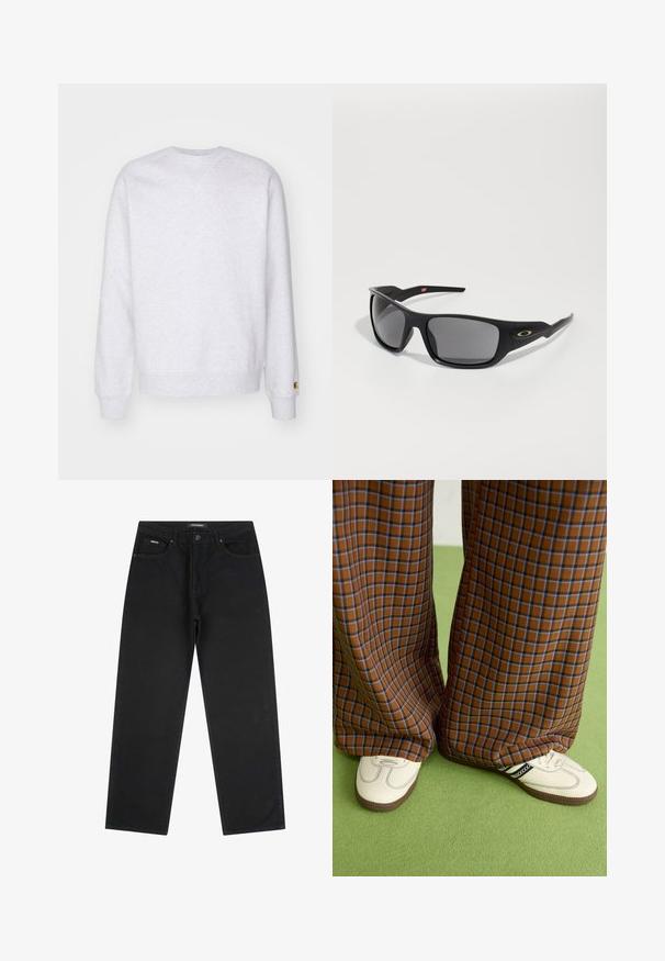 Sweatshirt cinza claro com gola redonda, mangas longas, punhos canelados e um pequeno logotipo perto da bainha. Feita de tecido suave.; Jeans pretos de perna reta com botão e fecho na frente, passantes para cinto e design de cinco bolsos, deitados sobre um fundo branco.; Calças largas em padrão xadrez castanho e azul, combinadas com sapatos brancos com detalhes pretos e solas texturizadas, contra um fundo verde.; Óculos de sol pretos com forma retangular, feitos de plástico durável, com lentes cinzas e um detalhe dourado na lateral.
