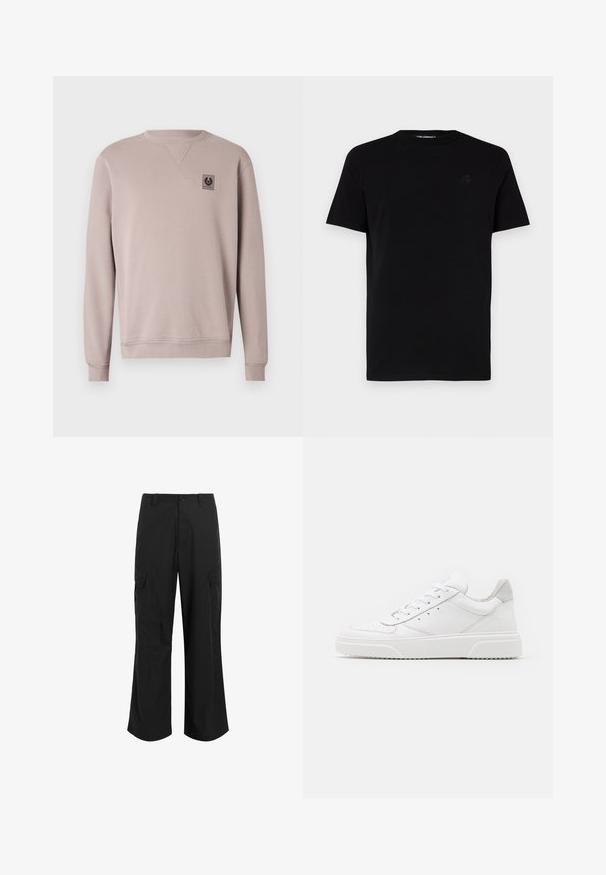Svetliko bež majica s dolgimi rokavi, rebrastimi manšetami in robom, ki vsebuje majhno črno oznako na prsih ter teksturiran ovratnik.; Črna kratka majica s kratkimi rokavi, izdelana iz bombaža, z okroglo vratno izrezom in subtilnim vtisnjenim logotipom na levi prsni strani. Gladka tekstura.; Črne cargo hlače iz lahkega materiala, z ohlapnim krojem, dvema velikima stranskima žepoma in gumbom za zapiranje.; Bele usnjene športne copate z gladkim zaključkom, okroglo konico, ravnimi vezalkami in teksturiranim podplatom. Sivi semiš detajl na peti.