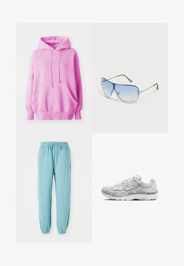 Sweatshirt rosa com capuz ajustável, bolso frontal e punhos canelados. Apresenta um pequeno logo branco da Nike no peito. Material de algodão macio.; Calças de treino azul-claro feitas de um tecido macio, com um cós elástico, detalhe de cordão e punhos elásticos nos tornozelos. Pequeno logo na lateral.; Sapatos atléticos cinza claro com parte superior em malha e sintético, apresentando um fecho de cordões, colarinho acolchoado e sola texturizada para aderência.; Óculos de sol aviador com lentes azuis em degradê, armação metálica prateada e detalhes decorativos de estrelas nas lentes. Design suave e elegante.