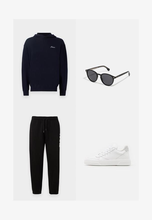 Námornícky modrá mikina so soft tkaninou, obsahujúca predné vrecko, rebrované manžety a malé biele vyšívanie "Future" na hrudníku.; KARL LAGERFELD PANTS - Tepláky - black; Biele kožené tenisky s hladkým povrchom, zaoblenou špičkou, plochými šnúrkami a textúrovanou podrážkou. Sivý semišový akcent na päte.; BOSS Slnečné okuliare - black