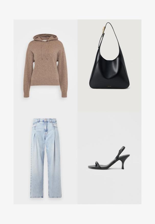 Barna kapucnis pulóver, puha kötött anyagból készült, húzózsinóros kapucnival, hosszú ujjal, bordázott alsó szegéllyel és mandzsettával.; Világoskék farmernadrág magas derekú, bő szabású, két oldalsó zsebbel és pliszírozott dizájnnal. Puha tapintású, elhalványított felület.; Fekete bőrből készült, magassarkú szandál, vékony, ívelt sarokkal és keresztben átkötött pántokkal. Állítható bokapánt. Sima felület.; Fekete bőr válltáska sima textúrával, ívelt szilüettel és arany színű fém díszítéssel. Az alján bemart márkalogó található.