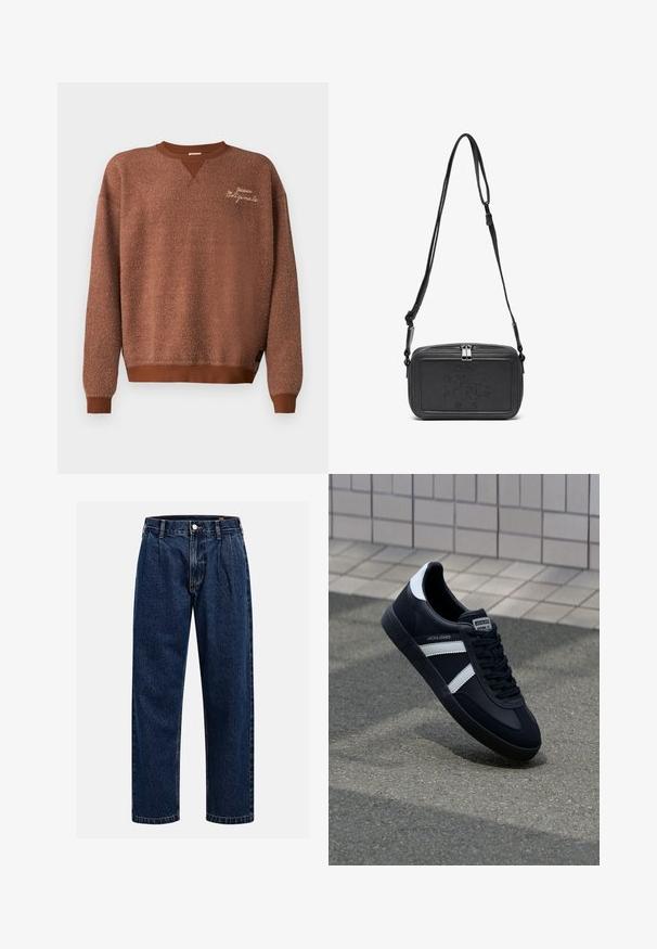 Barna pulóver, textúrált felülettel, V-nyakkivágással és bordás mandzsettákkal. Hímzett címke felirata: "Guess Originals."; Sötétkék farmernadrág egyenes szabással. Jellemzői a látható varrás, gombos záródás és elülső redők a további részletekért.; Fekete bőr sportcipő fehér csíkokkal, textúrált gumitalppal és fűzős elejével. A nyelvén márkás címke található.; Fekete bőrből készült keresztbe hordható táska cipzáras záródással, dombornyomott logóval az elején és állítható pánttal. Simább textúrájú, téglalap alakú.
