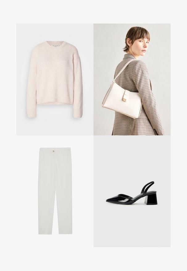 Light pink, textured knit sweater with a round neck and long sleeves. Ribbed cuffs and hem provide a casual fit. Brand label visible at the neckline.; White, tailored trousers with a straight leg design, featuring a button closure, belt loops, and side pockets; smooth fabric texture.; Black patent leather slingback heels with a pointed toe and a geometric block heel. Features a sleek, minimal design and smooth texture.; White leather handbag with a structured design, featuring a magnetic clasp and a shoulder strap, showcased against a neutral background.
