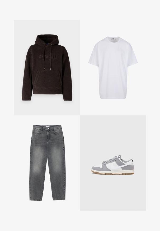Zwarte fleece hoodie met een voorste kangoeroezak, een trekkoord capuchon en verhoogde "ORIGINALS" tekst. Zachte, gestructureerde stof met een warme uitstraling.; Witte katoenen t-shirt met korte mouwen, ronde hals, relaxte pasvorm en zonder zichtbare logo's of patronen. Gladde textuur en minimalistisch ontwerp.; Hoge taille, losvallende jeans van vervaagd zwart denim. Beschikt over vijf zakken, riemlussen en een schone, rechte broekspijp ontwerp.; Grijze en witte sneaker met een bovenwerk van suede en leer, ronde neus, platte veters en een rubberen zool met een gumaccent.