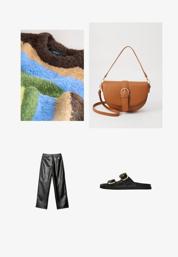 Pull texturé avec des rayures horizontales dans des tons marron, bleu, jaune et vert, confectionné en fil duveteux. Étiquette de la marque visible.; Pantalons larges en cuir noir avec une texture lisse, conception à cinq poches et détails cousus le long des jambes et de la taille.; Sandale noire à glissière avec deux accents de boucle en or, en matériau lisse, semelle plate et design minimaliste.; Sac bandoulière en cuir marron avec une forme incurvée, quincaillerie dorée et un accent en boucle. Comprend une bandoulière détachable.