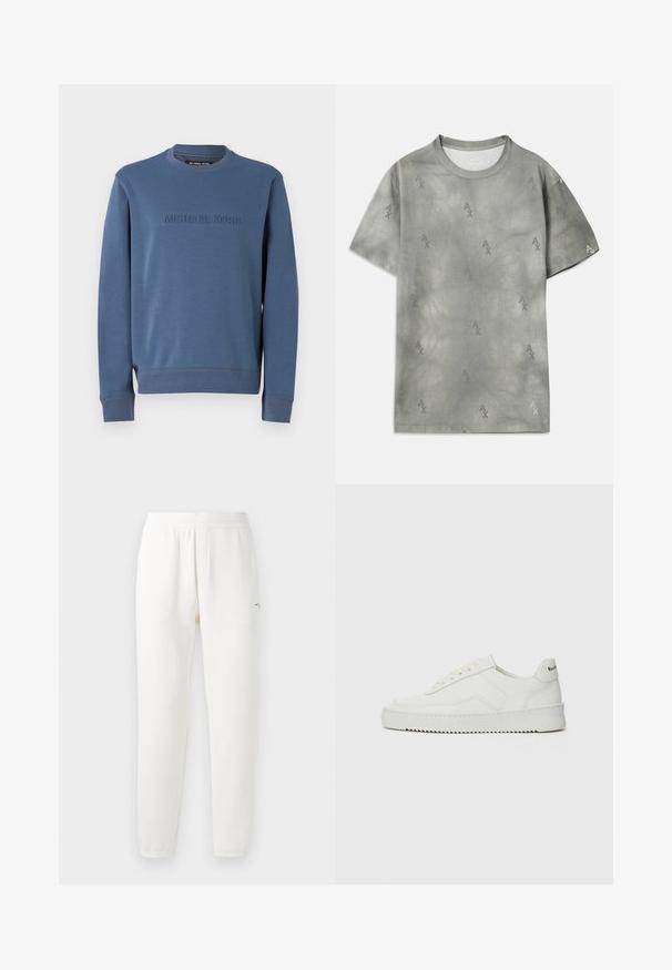 Modrá mikina s okrúhlym výstrihom vyrobená z mäkkého materiálu, s embosovaným logom "MICHAEL KORS" na prednej strane, s rebrovanými manžetami a spodným lemom.; Šedé bavlnené tričko s jemným vzorom AX loga, okrúhlym výstrihom, krátkymi rukávmi a voľným strihom. Hladká textúra s mierne vyblednutým vzhľadom.; Biele teplákové nohavice vyrobené z mäkkej tkaniny, s elastickým pásom, zúženými nohami a malým logom na ľavej strane.; Biele kožené tenisky s hladkým povrchom, okrúly špičkový dizajn, ploché šnúrky a textúrovaná podrážka. Obsahujú jemné logo na päte.