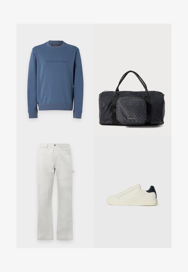 Blå crewneck sweatshirt i mjukt material, med en präglad "MICHAEL KORS" logotyp på framsidan, samt ribbade muddar och nederkant.; Ljusgrå byxor med rak passform, tillverkade av mjuk bomullstyg, med framfickor och en sidokjolficka.; Vita läder sneakers med en marinblå läderdetalj vid hälen, rund tå, platt gummisula och snörning framtill med sex öglor.; Svart nylonväska med ett upprepat MK-logomönster, utrustad med dubbla handtag och en framficka med dragkedja. Mjuk textur och multifunktionell design.