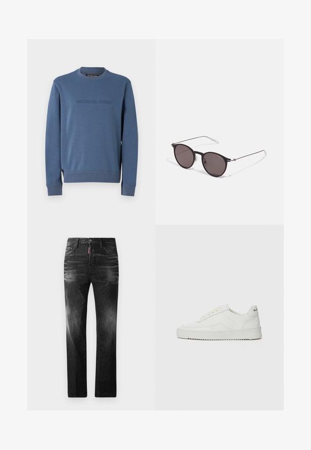Sinine crewneck-sweater pehmest materjalist, mille esiküljel on reliefne "MICHAEL KORS" logo, ja ribatud varrukaotsad ning ääred.; Mustad denim püksid otse lõikega. Omavad kulunud piirkondi, väikseid kahjustusi, klassikalist viit taskut ning nööpkinnitust.; Valge nahast tennis, millel on sile põhi, ümar varvas, lamedad nöörid ja tekstuuriline tall. Sisaldab diskreetset logo kontsaribal.; Mustad mustad prillid tumedate läätsedega ja õhukeste metallist käepidemetega. Kaarja kujuga seljaosa ja hõbedased aktsendid hingel. Minimalistlik disain.