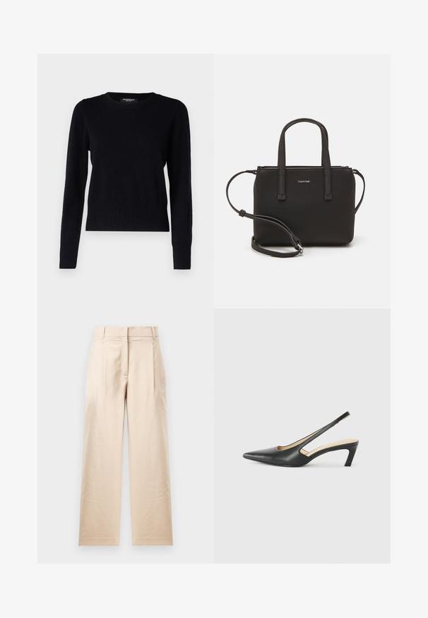 Repeat Džemperis - black; Bežīgas bikses, izgatavotas no gludas auduma. Raksturīga taisna fasona, plakana priekšpuse un divi kroki. Nav redzamu rakstu vai aksesuāru.; Melna, ar smailu purngalu, slingback kurpe ar zemu papēdi, izgatavota no gludas ādas materiāla un ar izgriezumiem sānos gaisa caurlaidībai.; Melns roku soma ar divām īsām rokturiem un noņemamu plecu siksnu. Gluda ādas līdzīga materiāla ar rāvējslēdzēja aizdari un logos detaļu.