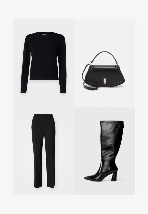 Repeat Svetr - black; Černé kalhoty na míru se střihem do rovna, které mají hladkou texturu a ostré sklady na přední straně. Bez viditelného kování.; Černá kožená vysoká boot do půli lýtek s špičatou špičkou, hladkou texturou a masivním podpatkem. Obsahuje zip na zadní straně.; Černá kožená kabelka se strukturovaným designem, jejíž tvar je zkrácený, má horní rukojeť a zlaté kovové detaily. Součástí je i nastavitelný ramenní popruh.