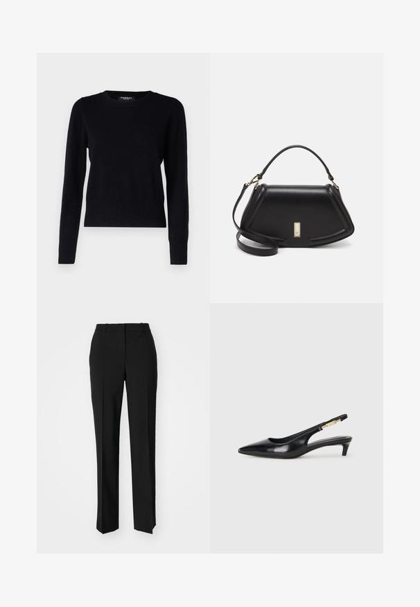 Repeat Jumper - black; Black tailored trousers with a straight-leg design, featuring a smooth texture and crisp creases along the front. No visible hardware.; Black leather slingback heels with a pointed toe, featuring a slim heel and a gold-tone accent on the adjustable strap. Smooth texture.; Black leather handbag with a structured design, featuring a cropped shape, top handle, and gold hardware accent. Adjustable shoulder strap included.