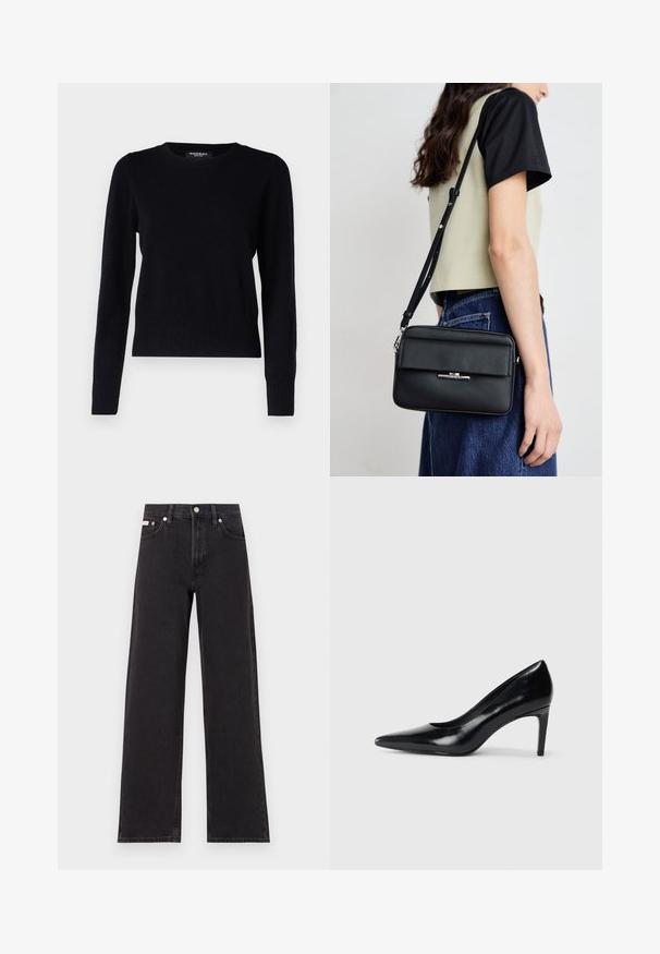 Repeat Džemperis - black; Juodos plačios kojų džinsai, pagaminti iš džinsinio audinio, su aukštu liemeniu, penkių kišenių stiliumi ir metaline sagte su kontrastingo siuvimo detalėmis.; Juodas odinis aukštakulnis batelis su smailiu pirštu, lygiu paviršiumi ir siauru kulnu. Minimalistinis dizainas, jokių papildomų puošmenų.; Calvin Klein LINEAR CAMERA BAG - Rankinė per petį - black