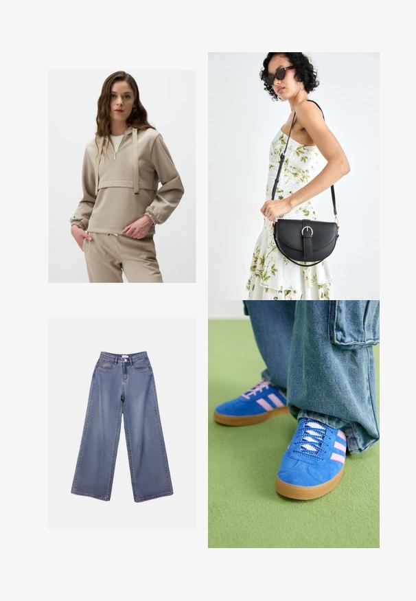 Beige trui met capuchon, met een halve rits aan de voorkant, elastische manchetten en decoratieve trekkoorden. Glad, gestructureerd materiaal.; Lichte blauwe wijdlopende denim jeans met een hoge taille, voorzakken en een knoopsluiting met riemlussen.; Blauwe suède schoenen met roze strepen en witte veters, voorzien van een gumrubberen zool, gecombineerd met losse denim broek op een groene ondergrond.; Zwarte leren handtas met een gebogen vorm, afneembare schouderband en gouden hardware. De tas heeft een klep met een gespsluiting.