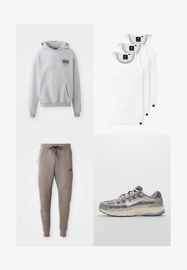 Šedá mikina s kapucňou vyrobená z mäkkého materiálu, s vačkou typu kangaroo, rebrovanými manžetami a lemom. Obsahuje potlačené logo "1894" v čiernej farbe.; Tri biele rebrované tielka vyrobené z bavlny. Majú okrúhly výstrih a malé čierne štítky pri leme. Dostupné v rôznych veľkostiach.; Sivé tepláky Nike s nastaviteľným pásom, zúženými nohavicami, bočnými vreckami a výrazným švom. Mäkká, textúrovaná látka.; Šedá športová obuv so zvrškom z nylonu a semišu, bielymi akcentmi, polstrovanou podrážkou a jedinečným dizajnom s reflexnými prvkami.