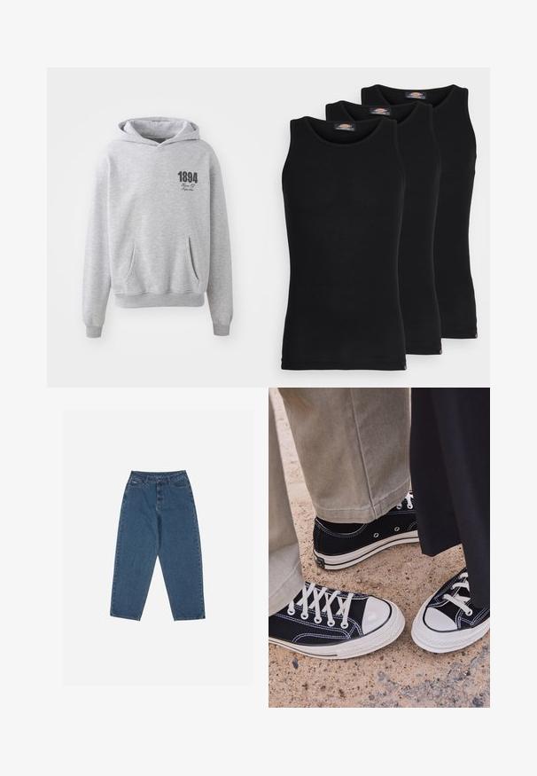 Šedá mikina s kapucňou vyrobená z mäkkého materiálu, s vačkou typu kangaroo, rebrovanými manžetami a lemom. Obsahuje potlačené logo "1894" v čiernej farbe.; Čierne tielka v balení po troch kusoch. Ríflový povrch, klasický okrúhly výstrih, bez rukávov. Lem obsahuje malé logo značky na spodnej strane.; Modré džínsy s uvoľneným strihom, vysokým pásom, dizajnom s piatimi vreckami a kontrastným prešívaním. Obsahujú zapínanie na gombík a zips.; Čierne plátené tenisky s bielymi gumenými špičkami a šnúrkami. Kontrastné švy a kovové očká pridávajú detail. Nosené s béžovými nohavicami a čiernou látkou.