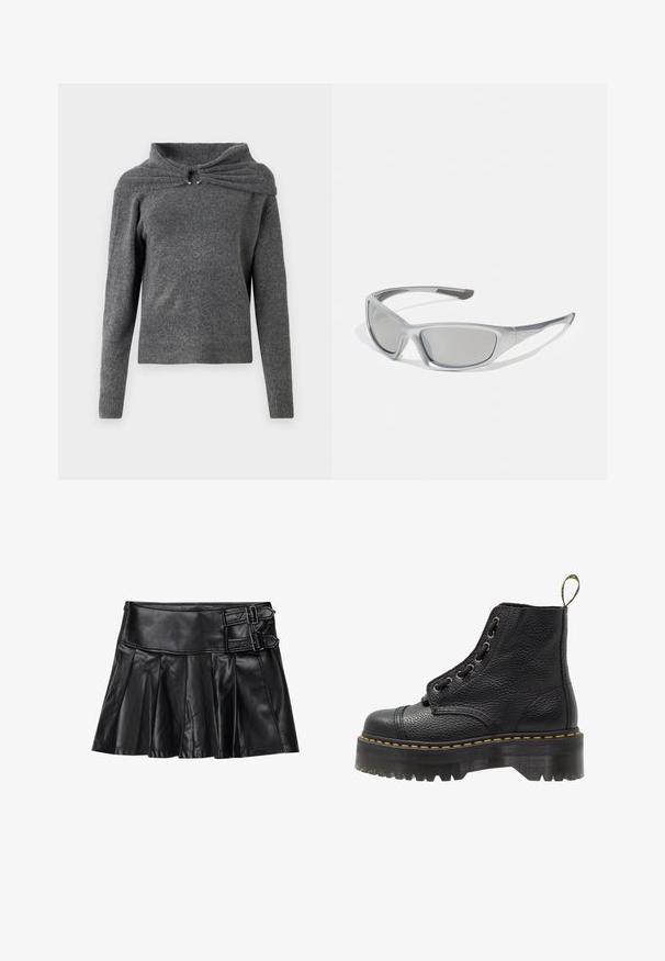 Grå genser laget av mykt strikket stoff, med et unikt kragesdesign med vridd detalj og sølvfarge detaljer. Lange ermer og ribbestrikket kant.; Svart skinnskjørt med folder, bred midje og to spenne-detaljer på siden. Glatt tekstur med en blank overflate.; Svart lær ankelstøvel med teksturert overflate, rund tå, snøring, gule sømmer, og en tykk, rippet svart plattformsåle.; Grå solbriller med en slank, lett plastramme. Har tonede grå linser og teksturerte sideakenter for bedre grep.