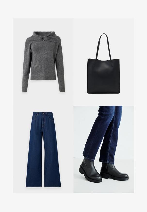 Pelēks džemperis, kas izgatavots no mīksta adīta auduma, ar unikālu apkakles dizainu ar pagrieziena detaļu un sudraba elementiem. Garas piedurknes, ribota apakšdaļa.; Platas kāju džinsi tumši zili. Satur klasisku piecu kabatu dizainu, pogu aizdari un kontrastējošu šuvju. Gluda tekstūra.; Melnas ādas potīšu zābaki ar masīvu zoli un sānu elastīgām daļām, kombinēti ar tumši ziliem džinsiem. Zeme ir gaišā krāsā.; Melnas ādas somiņa ar gludu tekstūru, taisnstūra formu un divām garām rokturiem. Nav redzamu aparatūras vai rotājumu.