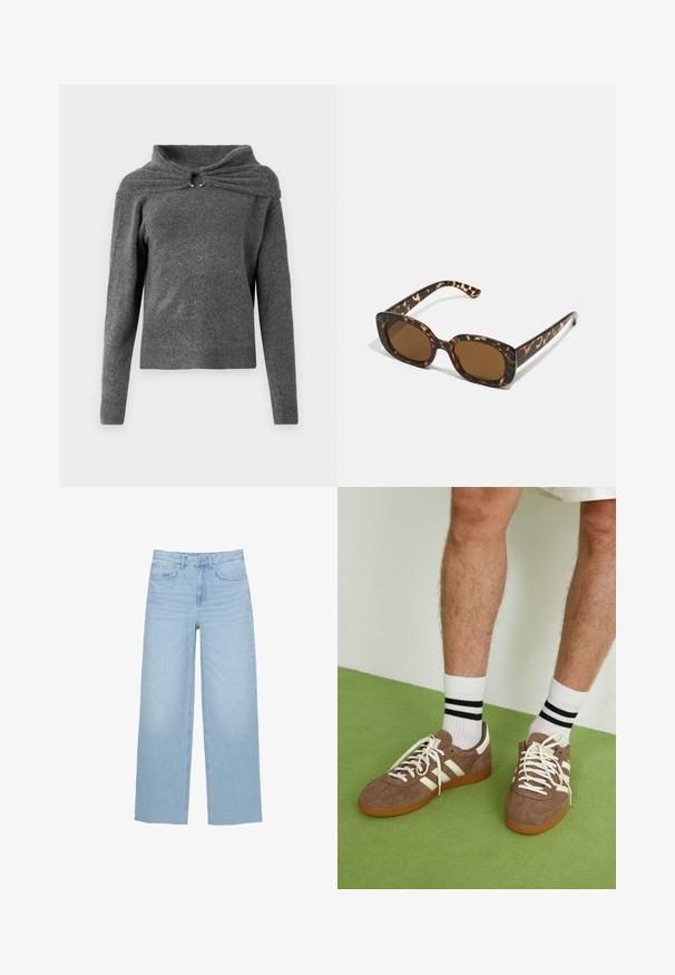 Sivi džemper od mekog pletenog materijala, s jedinstvenim dizajnom ovratnika s detaljem u obliku spirale i srebrnim metalnim dodacima. Dugi rukavi, rebrasti rub.; Svijetloplave traperice širokih nogavica, visokog struka, ravnog kroja, s pet džepova i čistem rubom.; Smeđe nubuk tenisice s bijelim detaljima i vezicama. Gumeni potplat. Nosene s bijelim čarapama s crnim prugama. Zeleno teksturirano pod.; Tortoiseshell naočale s okvirima u obliku kruga i debelom konstrukcijom, te smešnim lećama. Imaju suptilne uzorke i ravne, sužene nogice.; Zign LEATHER - Velika torba - light brown