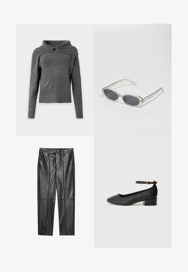 Grå genser laget av mykt strikket stoff, med et unikt kragesdesign med vridd detalj og sølvfarge detaljer. Lange ermer og ribbestrikket kant.; Sorte lærbukser med en glat tekstur, der har en lige pasform, to forlommer og synlige sømdetaljer.; Sorte skinnpumper med spiss tå og lav blokkhelt. Har ankelrem med gullfarget spenne. Glatt tekstur.; Solbriller med oval form, klar plastramme, mørkegrå linser og tynne gjennomsiktige armer med logopunksjoner og minimal detaljering.; Svart lær toteveske med to lange håndtak, en glatt tekstur og en strukturert form. Har en frontlomme for ekstra oppbevaring.