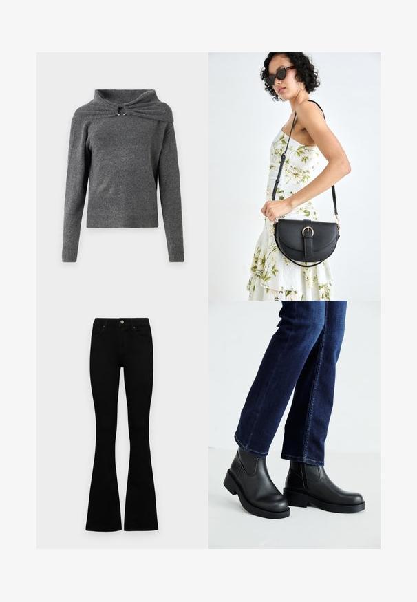 Grijze trui van zacht gebreid materiaal, met een uniek kraagontwerp met een twist-detail en zilveren hardwareaccenten. Lange mouwen, geribbelde zoom.; Zwarte hoge taille jeans met een knoop- en ritssluiting, voorzakken en een flared pijp, plat gelegd op een witte achtergrond.; Zwarte leren enkelboots met een dikke zool en zij-elastische panelen, gecombineerd met donkerblauwe jeans. De grond is lichtgekleurd.; Zwarte leren handtas met een gebogen vorm, afneembare schouderband en gouden hardware. De tas heeft een klep met een gespsluiting.