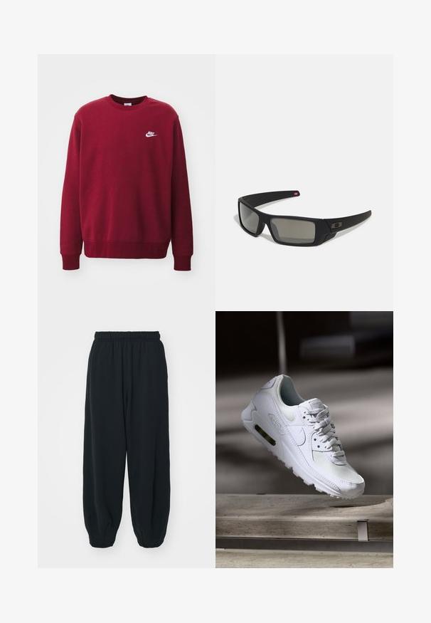 Nike Sportswear CRW - Sweatshirt - team red/white; Sorte, joggebukser med elastisk liv, løs passform, mansjetter på ankler, glatt tekstur og uten synlige mønstre eller hardware-detaljer.; Hvit Nike Air Max 90 sneakers med øvre del laget av mesh og skinn, perforert tåboks og en synlig luftenhet i hælen.; Sorte solbriller med mat finish, rektangulære linser, lett kurv på brillestengene, diskret logo detaljer, og røyktinted linser.