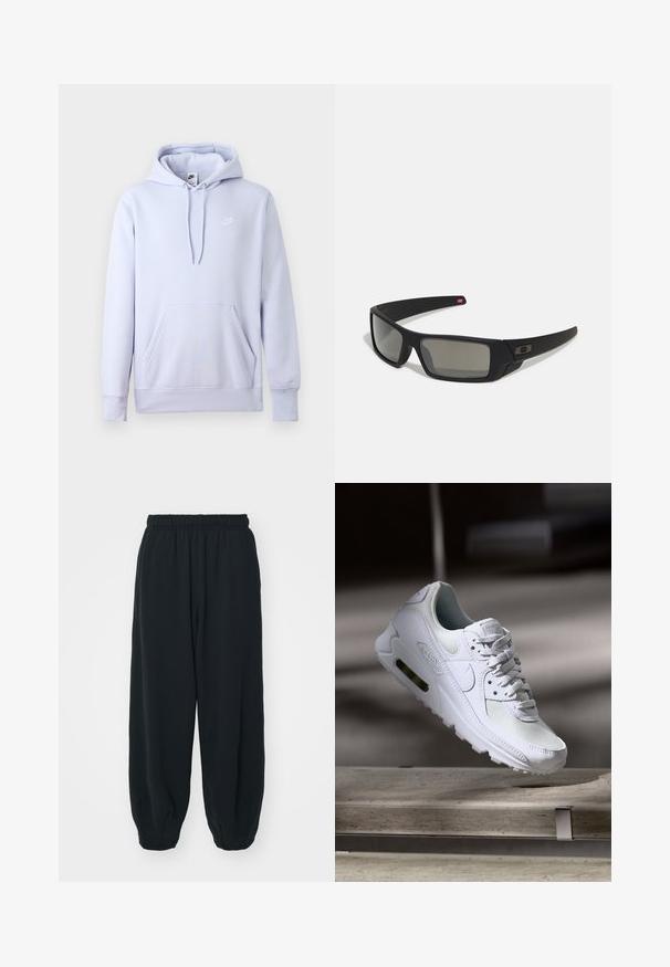 Sweatshirt lilás claro com um bolso frontal, capuz ajustável com cordão e logótipo branco no peito. O tecido parece macio e suave.; Calças de fato de treino pretas, com cintura elástica e um corte solto, com punhos nas pernas, textura suave e sem padrões visíveis ou detalhes de metal.; Sapatilha Nike Air Max 90 branca com parte superior em malha e couro, caixa de dedos perfurada e uma unidade de ar visível no calcanhar.; Óculos de sol pretos com acabamento mate, lentes retangulares, leve curvatura nas hastes, detalhe sutil do logo e lentes de cor fumada.