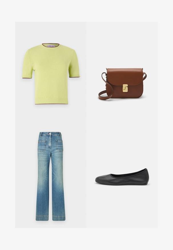 Hellgrüner Kurzarmpullover mit geripptem Rundhalsausschnitt und kontrastierender marmorierter Borte an den Ärmeln und dem Saum. Strickstoff mit Struktur.; Weißes kurzärmliges T-Shirt aus geripptem Stoff. Runder Halsausschnitt, normale Passform und dezente Nähte. Keine Muster oder Grafiken.; Helle blaue, ausgestellt geschnittene Jeans aus Denim mit fünf Taschen, Gürtelschlaufen, Knopfverschluss und einer leicht verblassten Textur, die ein rotes Logodetail auf der Rückseite aufweist.; Schwarze Leder-Ballettschuhe mit abgerundeter Spitze, glatter Textur, minimalen Nähdetails und einem flexiblen Sohlen-Design.; Braune Ledertasche mit Klappenverschluss, Beschlägen in Goldfarbe, einem Schultergurt und einer glatten Oberfläche. Kompakte rechteckige Form.