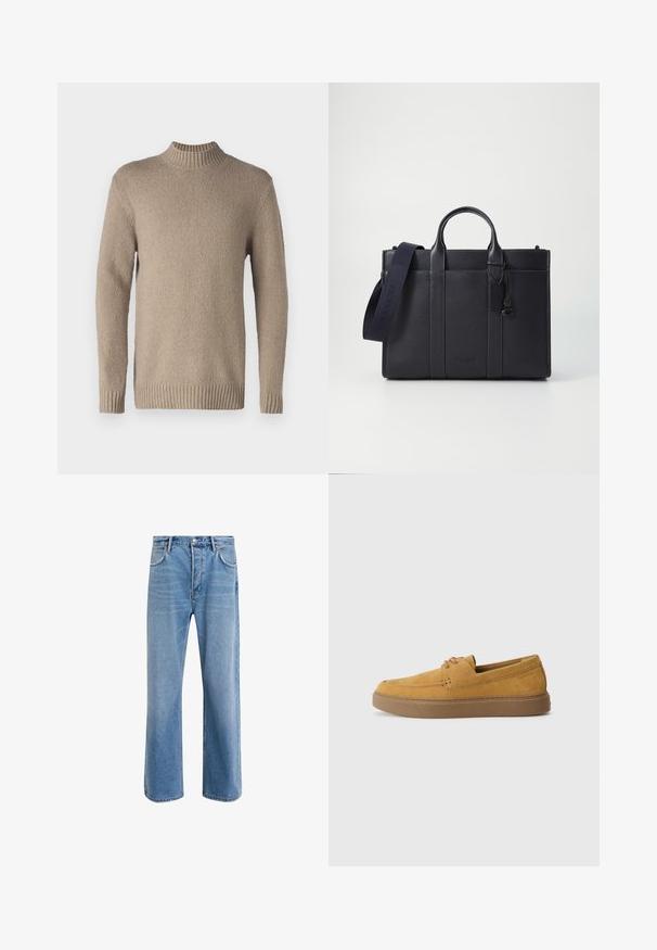 Pulover bej din tricot cu suprafață texturată, guler și manșete ribbate. Dispune de mâneci lungi și un tiv drept pentru un design clasic.; Jeans din denim bleu deschis cu un design drept, cinci buzunare, închidere cu buton, decolorare minimă și detalii de cusătură în contrast.; Pantofi slip-on din suede maro, cu un finisaj texturat, vârf rotund și talpă din cauciuc contrastantă. Prezintă o marcaj subtil lângă călcâi.; Servietă din piele de culoare albastru închis, cu două mânere superioare și o curea detasabilă. Prezintă un finisaj texturat, cusături verticale și detalii cu logo.