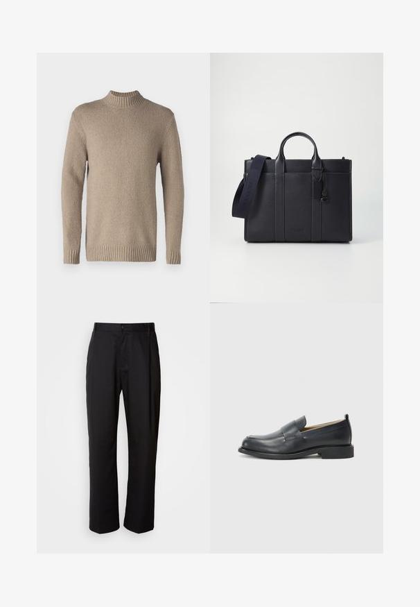 Beige knit sweater with a textured surface, ribbed collar, and cuffs. Features long sleeves and a straight hem for a classic design.; Black trousers with a straight cut, made of lightweight fabric. Features a front button closure and two side pockets; smooth texture.; Black leather loafers featuring a smooth finish, a flat sole, and a rounded toe with a decorative strap across the upper.; Dark navy leather briefcase with dual top handles and a detachable strap. Features textured finish, vertical stitching, and logo detail.