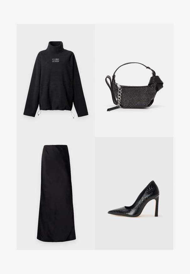 Black fleece pullover with high collar, long sleeves, adjustable hem cords, and white numerical and brand logo printed on chest.; Black bodysuit with long sleeves, V-neck, and a fitted silhouette. Made of shiny, smooth fabric with a structured collar and cuffs.; Norma Kamali BIAS OBIE SKIRT - Maxi skirt - black; Black pointed-toe high heel shoe with a crocodile-skin texture, featuring a sleek design, high stiletto heel, and smooth black interior.; Black handbag with a textured design, adorned with silver studs and a chunky silver chain strap. Features a sleek, minimalist shape.
