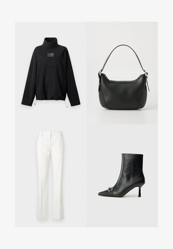 Czarny polar z wysokim kołnierzem, długimi rękawami, regulowanymi sznurkami u dołu i białym nadrukiem z numerami oraz logo marki na piersi.; Białe dopasowane spodnie z rozszerzanym dołem, z plisami z przodu i gładką fakturą, wykonane z lekkiego materiału.; Czarny skórzany botek za kostkę z szpiczastym noskiem, smukłym średnim obcasem i srebrnym zapięciem po boku na jednolitym tle.; Czarna skórzana torebka o zaokrąglonym kształcie, z srebrnym zamkiem błyskawicznym i krótkim uchwytem. Posiada subtelne logo z przodu i gładką teksturę.