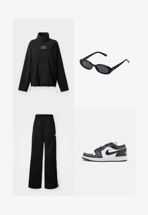 Fekete gyapjúpulóver magas gallérral, hosszú ujjakkal, állítható aljzsinórral, és fehér számokkal és márkalogóval a mellkason.; Fekete, bő szárú tréningnadrág, elasztikus derékkal, fehér oldalsávokkal és egy kis logóval a bal csípőn. Sima anyag textúrával.; Fekete-fehér Nike alacsony szárú sportcipők sima bőrből készültek, kerek orrúak, fűzős záródásúak, és mintás gumitalppal rendelkeznek.; Fekete, oversize napszemüveg ovális lencsékkel, sima műanyag kerettel és arany részletekkel a fülpánton. Sötét lencséi védelmet nyújtanak a napfény ellen.