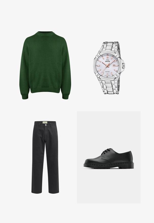 Zeleni pleteni pulover s visokim izrezom, spuštenim ramenima i rebrastim manžetama i rubom. Ima teksturiranu, meku tkaninu.; Crne pamučne hlače sa ravnim krojem, s kopčanjem na dugme, prednjim džepovima i oznakom na pojasu.; Crne kožne oxford cipele s vezivanjem, zaobljenim vrhom, ravnim gumenim potplatom i suptilnim detaljima šivanja duž gornjeg dela.; Srebrni nehrđajući čelični sat s teksturiranim bijelim brojčanikom, akcentima ružičastog zlata, prikazom datuma i narukvicom od karika. Pokrov od safirnog kristala.
