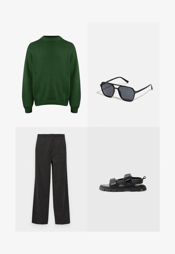 Zöld kötött pulóver magas nyakkivágással, ejtett vállvarrással, bordás mandzsettákkal és szegéllyel. Texturált, puha anyag jellemzi.; Fekete kordbársony nadrág, széles lábú kialakítással, függőleges bordázott textúrával, cipzáras застежкой gombos zárással, és elülső zsebekkel.; Fekete szandálok texturált szövet felsőrésszel, széles pántokkal, fém csattal és vastag gumi talppal, amely barázdált mintázattal rendelkezik.; Fekete napszemüveg nyolcszögletű kerettel, sötét lencsékkel, fényes felülettel, vékony szárakkal és arany díszítéssel az elülső részén.; Fekete bőr kesztyűk sima textúrával, öt ujjal és diszkrét varrási részletekkel. Klasszikus dizájn, hideg időjárásra alkalmas.