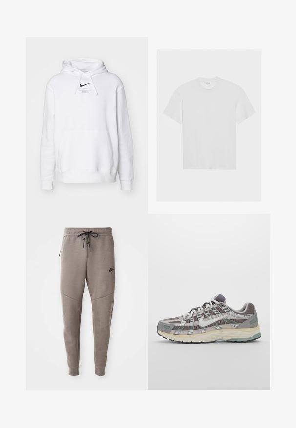 Nike Sportswear HOODIE - Sportinis megztinis - white; Balta medvilninė marškinė su trumpomis rankovėmis, apvaliu iškirpimu ir laisvu siluetu. Sklandus paviršius be matomų raštų ar akcentų.; Pilkos Nike kelnės su raišteliu liemenyje, siaurėjančiomis kojomis, šoninėmis kišenėmis ir išskirtiniais siūlų detalėmis. Minkšta, tekstūruota medžiaga.; Pilkas sportinis batas su tinklu ir zomšos viršutine dalimi, baltomis detalėmis, paminkštintu padu ir išskirtiniu dizainu su atspindinčiais elementais.