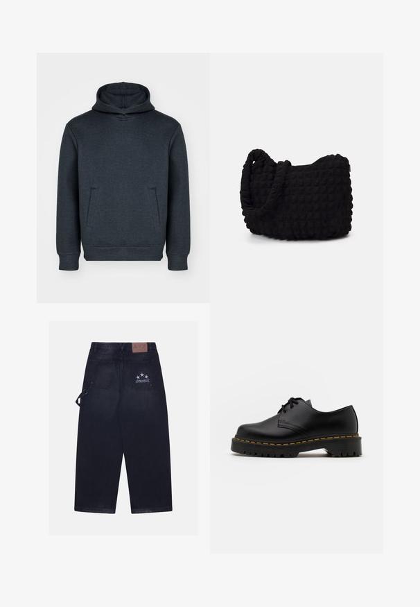 Felpa grigia scura realizzata in tessuto morbido, con cappuccio regolabile, tasca frontale e polsini e orlo a coste. Design semplice e senza fronzoli.; Pantaloni in denim scuro con vestibilità ampia. Presentano due tasche sul retro, un'etichetta in pelle con il logo e un design a cinque stelle su una tasca.; Scarpa nera in pelle con lacci, punta arrotondata, suola in gomma texturizzata e cuciture gialle attorno alla base. Design piatto e finitura liscia.; Borsa in tessuto nero con un motivo trapuntato e texture. Forma arrotondata, manici corti e spessi, e una struttura morbida e flessibile.