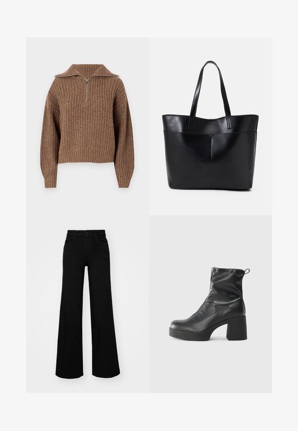 Brun strikkegenser med glidelås krage, ribbestruktur og senkede skuldre. Designet har en avslappet passform og mykt stoff.; Svart vide bukser laget av denim, med en strukturert midjebånd, beltestropper og frontlommer. Glatt tekstur med et klassisk design.; Svarte ankelstøvler laget av glatt lær, med glidelås på siden, chunky strukturert hæl, og rund tå-design.; Svart lær toteveske med to lange håndtak, en glatt tekstur og en strukturert form. Har en frontlomme for ekstra oppbevaring.